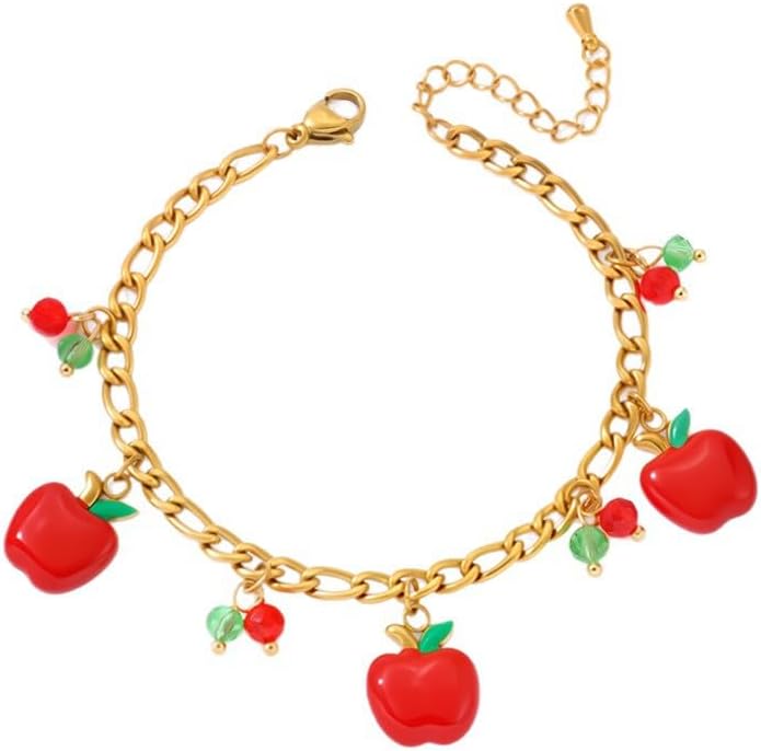 Sweet Red Enamel Apple Charm Crystal Tassel Stainless Steel Bracelet for Woman Fashion Dainty Summer Fruit Food Green Leaf Adjustable Chain Exquisite Cute Birthday Christmas Gift Jewelry