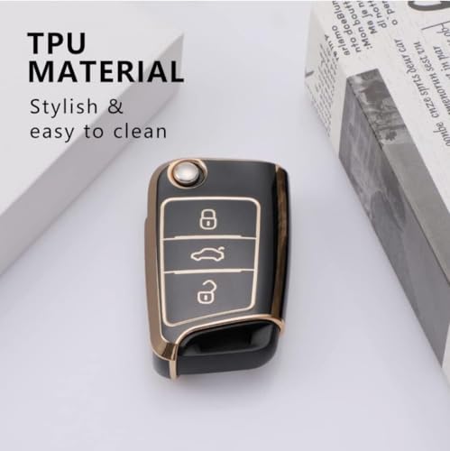 Image of TPU Car Key Cover Black & Golden Compatible for Volkswagen Taiguan, Virtus, Tiguan, T-ROC, Jetta (Volkswagen, 3 Button Flip Key New)