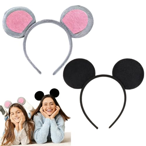 LIANRISES 2pcs Mouse Ears Headband for Adults Kids Soft Comfortable Rat Costume Carnival Cosplay Party Hairbands Halloween Cartoon Animal Birthday Christmas