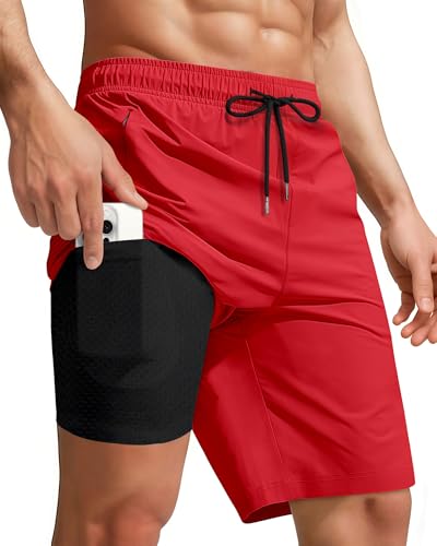 Image of Yufawow Men Swim Trunks with Compression 9 Inches Breathable Liner Quick Dry Zipper Pockets for Board Beach Gym Running