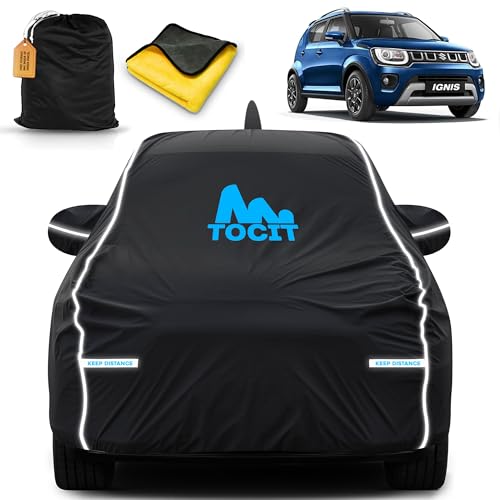 Image of Tocit Ignis Waterproof Long Life Car Cover with Safety Glow Reflective Strap, Premium Stretchable Velvet Velour Fabric, Machine Washable, Tri-Stitch Custom Fit with Mirror & Antenna Pocket