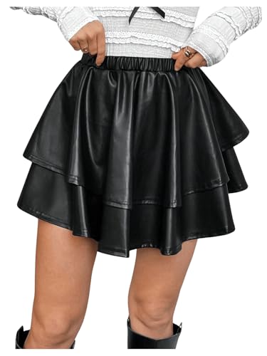 MakeMeChic Women's PU Leather Double Layer Skirt Elastic Waist Flare Y2K Mini Skirts