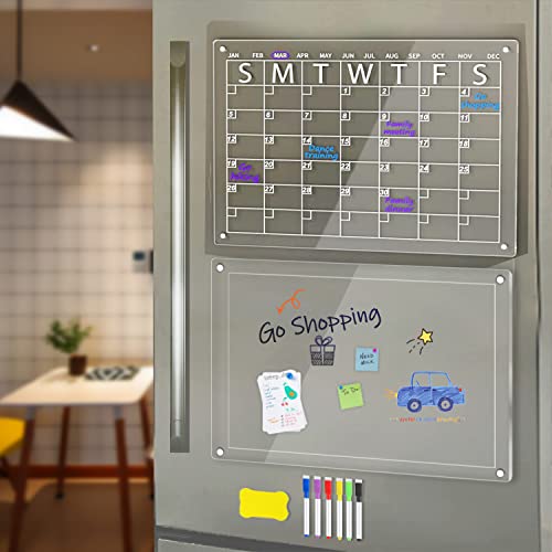 2Pcs Acrylic Magnetic Dry Erase Board Calendar And Message Board For Fridge 16"X12" Inches Clear Dry Erase Calendar For Refrigerator Includes 6 Colorful Dry Erase Markers (Monthly Plan) #TOP28
