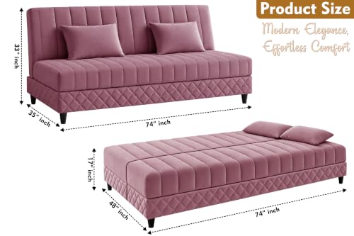 Image of Modern 3 Seater Sofa Cum Bed with Cushions, Foldable Convertible Couch, Velvet Fabric Sleeper Sofa for Living Room, Guest Room, Rose Pink