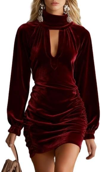 OSCORP Women’s Velvet Mini Dress Long Sleeve Ruched Bodycon High Neck Keyhole Elegant Party Cocktail Dress