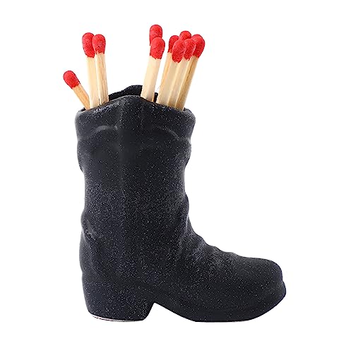 Cowboy Boot Match Holder with Striker Portable Vintage Match Holder Ceramic Cowboy Boot Match Holder Cute Mini Matchesboxes for Bathroom Bedroom Fireplace Kitchen(Black)