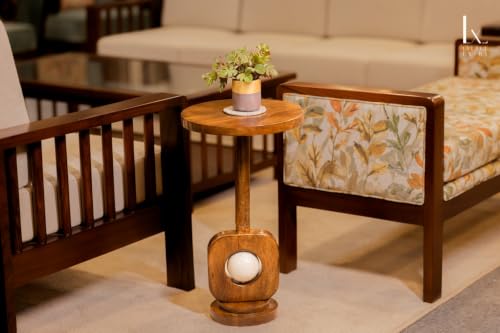 Image of Little eXtra Handcrafted Solid Wood Round Side Table with Wooden Base | Wooden Accent Table for Living Room, Bedroom & Sofa Corner | Premium Mango Wood End Table