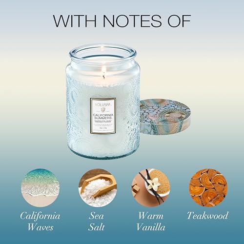 Image of Voluspa California Summers Large Scented Candle Jar, 18 Oz, 100 Hr Burn | Coconut Wax Blend in Decorative Glass, Clean Even Burn, USA Handcrafted Gift for Hosts, Fragrance Lovers & Relaxed Rooms