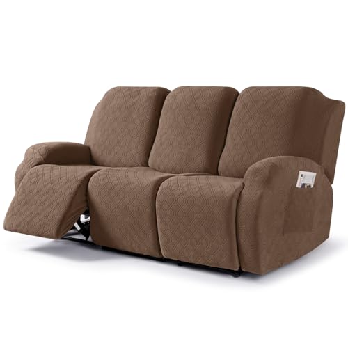 Image of VANSOFY Recliner Cover, 3-Pieces Stretch Reclining Couch Covers with Pockets Reclining Sofa Slipcovers 3 Seater Soft Washable Furniture Protector for Dogs Cats(Light Coffee)