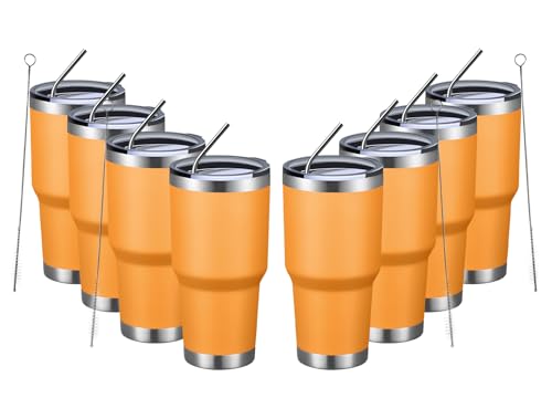 Image of MEWAY 30oz Insulated Tumbler With Lids and Straws,Stainless Steel Double Vacuum Coffee Tumbler Cup, Brush, Durable Powder Coated Coffee Cup for Cold & Hot Drinks, Office, Travel(Orange,8 PACK)