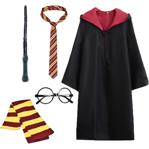 Rakumi Wizard Costume for Adults 4 Pcs Magic Robe Set Wand Tie Scarf Halloween Cosplay Outfit for Men Women