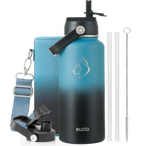 Image of BUZIO Insulated Stainless Steel Water Bottle 32 oz with Straw & Spout Lids