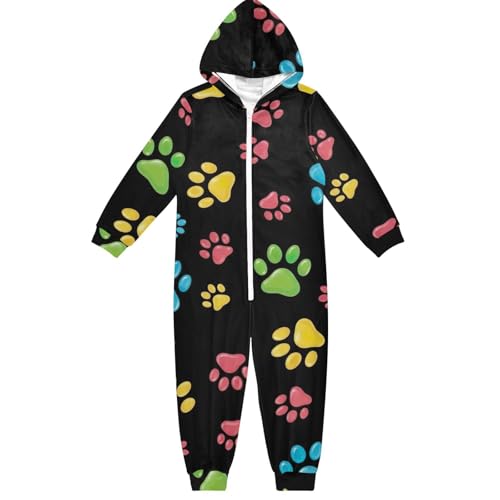 RPLIFE Jumpsuits med huva, lös passform för barn, långärmad dragkedja för barn onesie för höst vinter, Söta tassar svart, 13-14 �r