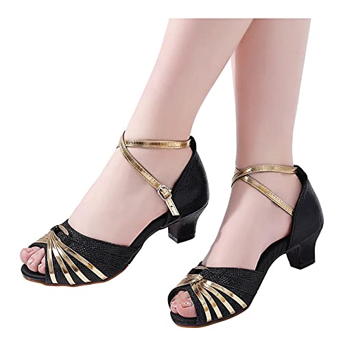 Zapatos de baile para mujer con purpurina, punta cruzada, correa de estrás, social, tango de baile latino, modernos, zapatos de baile, bodas y fiestas., Negro , 39 Cover