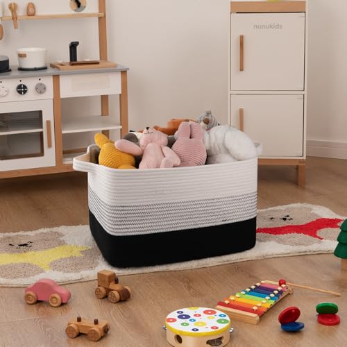 Image of OIAHOMY Blanket Basket, Rectangle Woven Baskets, Nursery Blanket Storage Living Room, Toy Storage With Handle, Large Baskets for Organizing-17.7 inchx13.8 inchx11 inch-Gradient Black