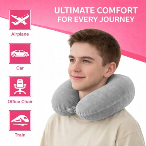 Image of Travel Neck Pillow | Soft & Supportive Fiber Filling | Washable Cover for Flight, Train & Car Travel | Comfortable U Shape Neck Support Pillow - Light Grey