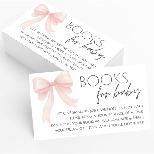 Printed Party Bring a Book Baby Shower Insert – Pink Bow Design, Girl Baby Shower Library Request Cards, Storybook Gift Invitation, Set of 30
