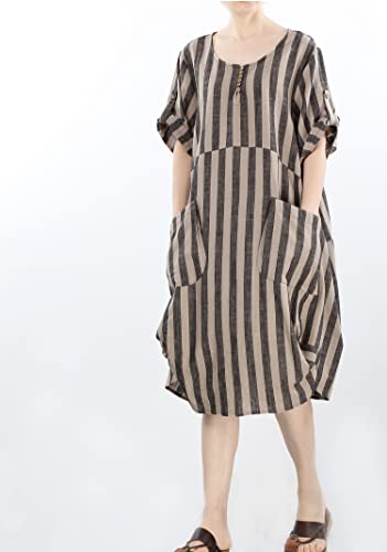 Image of LaovanIn Women's Plus Size Tunic Dress Summer Cotton Linen T Shirt Knee-Length Dresses