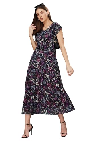 Image of Miss Chase Women Pleated V Neck Full Sleeves Relaxed Fit Midi Length Dress