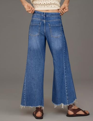 PHISOCKAT Women's Wide Leg Baggy Jeans Mid-Rise Loose Flare Jeans with Frayed Hem Stretchy Denim Pants with Pockets Y2K2