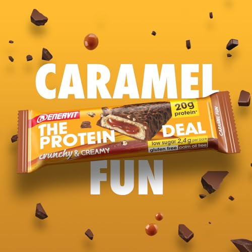 Enervit The Protein Deal Caramel Fun – Proteinriegel, Milchschokoladengeschmack, weiche Karamellfüllung, 20 g Protein, 2,4 g Zucker, süßer und gesunder Snack, Glutenfrei, 12 Riegel à 55 g 2
