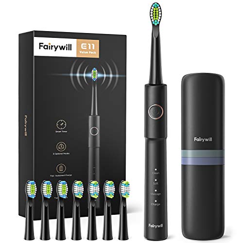 Elektrische Zahnbürste Fairywill E11 Elektrische Schallzahnbürste 3 Modi Timer Zahnbürste Schwarz, Putzen Sie Ihre Zähne wie Beim Zahnarztmit Reise-Etui und 8 Aufsteckbürsten