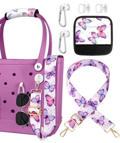 Image of Bag Strap Crossbody Charms for Bogg Bag Accessories - Shoulder Strap Neoprene Luggage Handle Wrap for Suitcase & 2 Key Holders Butterfly