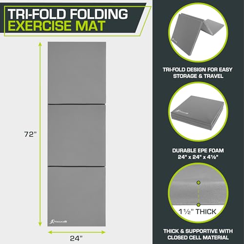 Image of ProsourceFit Tri-Fold Folding Thick Exercise Mat 6'x2' with Carrying Handles for MMA, Gymnastics, Stretching, Core Workouts
