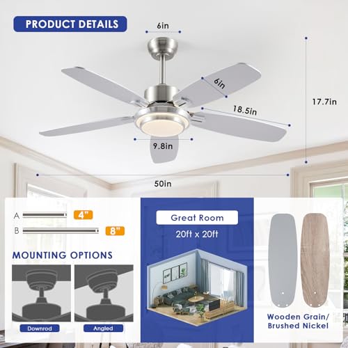 50inch Brushed Nickel Ceiling Fan with Light - Quiet Reversible DC Motor 5 Dual-Finish Blades Dimmable 3-Color LED for Bedroom Living Room Indoor - Image 5