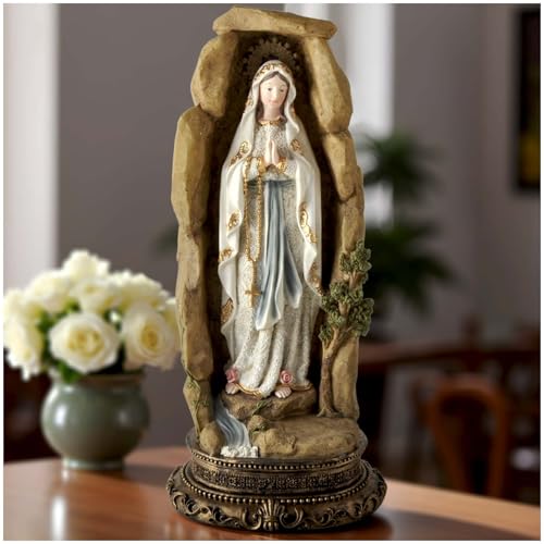 PlentifulHome Statuette Vierge Marie de 31,8 cm de hauteur - Notre-Dame de Lourdes dans une grotte en pierre - Figurine d'intérieur avec piédestal -...