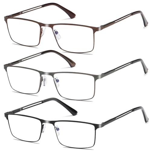3 Pack Blue Light Blocking Reading Glasses for Men With Spring Hinge Metal Full Frame Lightweight Readers Classic Trend B +2.5