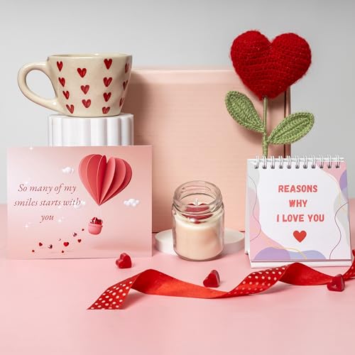 Image of Rarejoy Set of 5 Romantic Gift Hamper for Wife and Girlfriend | Crochet Flower, Mug, Love Desk Cards, Candle & Greeting Card | Gift for Women | Wedding, Valentine, Anniversary & Birthday