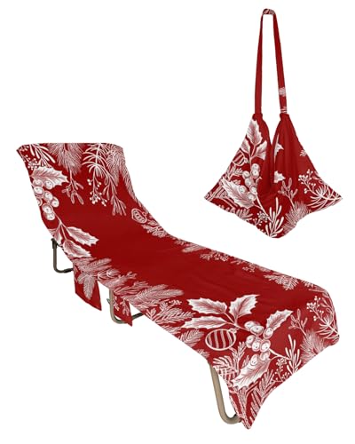 Christmas Pine Beach Chair Towel Covers for Chaise Lounge with Side Pocket, Soft Plush Pool Towels Cover for Patio Sunbathing Outdoor 29''x85'' Red Xmas Tree Branch Berry