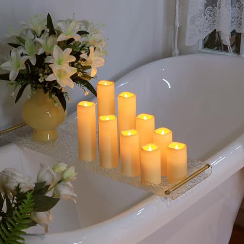 Image of Flickering Flameless Candles with Remote, Waterproof Outdoor Battery Operated Candles, Plastic Ivory Realistic LED Candles for Party, Wedding, Christmas, Thanksgiving, Home Decor, Set of 9
