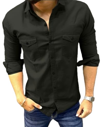 Image of BADLAND Men's Double Pocket Solid Cotton Regular Fit Casual Shirt with Spread Collar and Full Sleeves||Double Pocket Shirt for Men|| Shirt for Men||Plain Shirt for Men