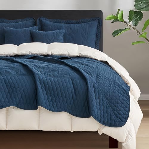 Image of Bedspread oversized King 120x118,Beautiful Leaf Stitching,5 PC, Navy