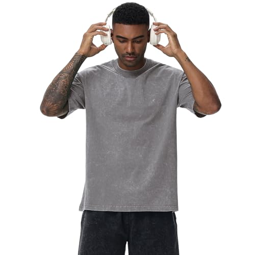 Image of Men's Oversized Cotton T-Shirts Loose Fit Vintage Washed Tee Unisex Short Sleeve Casual Shirts Tops