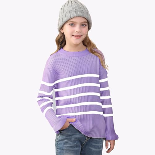 Image of OEBLD Girl's Striped Knit Oversized Fall Sweaters Fashion Long Sleeve Crewneck Pullover Sweater Trendy Tops