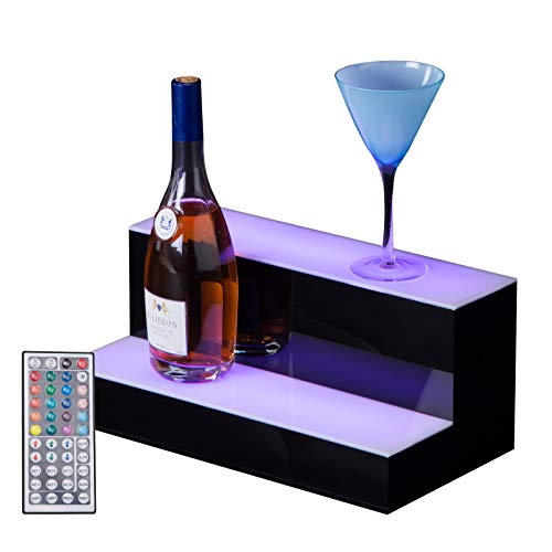 Suncoo Led Lighted Liquor Bottle Display 16 Inch 2 Step Illuminated Bar Bottle Shelf 2 Tier Cimmercial Home Bar Bottle Display Drinks Lighting Shelves Home Bar Lighting With Remote Control #TOP12