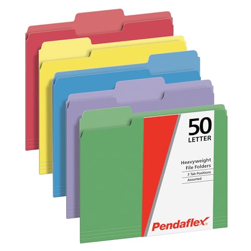 Pendaflex Heavyweight File Folders, Assorted Colors, Letter Size, 1/3-Cut Tabs, Extra Durable, 50/Box, Great for Office Filing & Organization (1006536)