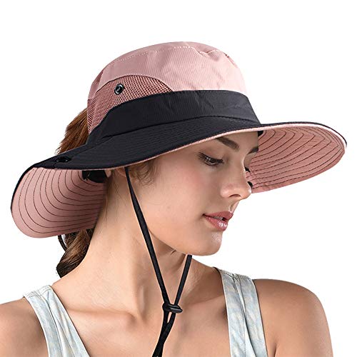 Women's Ponytail Safari Sun Hat, UPF 50+ Wide Brim Outdoor Bucket Foldable Hat