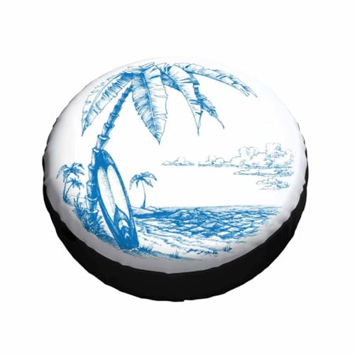 Image of Palm Trees and Sea View Spare Tire Cover Surfing Background Blue Line Drawing Wheel Covers for RV Tires Camper Tire Case Protectors for Trailer Rv SUV Truck Travel Trailer 17 in