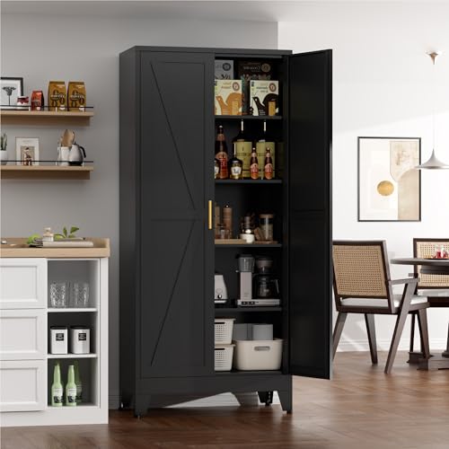 Image of Farmhouse Pantry Cabinet with Barn Doors, 71 inch H x 31.5 inch W, 5-Tier Metal Storage Cabinet with 4 Adjustable Shelves for Kitchen Garage Dining Room, Black 1 Pack