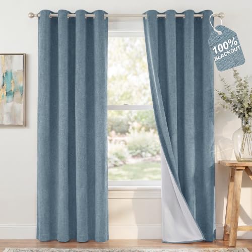 Image of NICETOWN Linen Blackout Stone Blue Curtains for Bedroom, 2 Panels, W52xL84