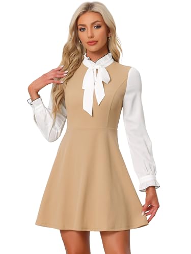 Image of Allegra K Tie Neck Dresses for Women's 1960s Vintage Long Sleeve Contrast Color Dress