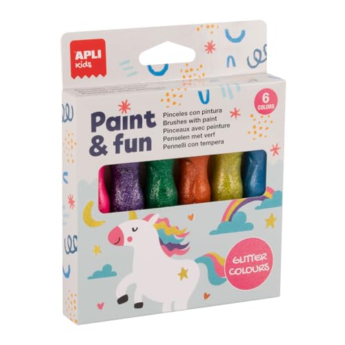 APLI Kids 19912 - Temperas en tubo con pincel, Pinceles con pintura acabado purpurina, 6 pinceles de 13ml, juego de pintura lavable para niños