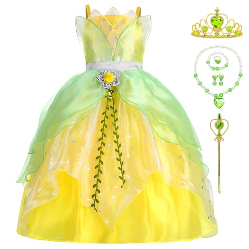 Princess Dress for Girls Halloween Costume Outfit Princess Dress Up Clothes with Accessories,Yellow,6-7T