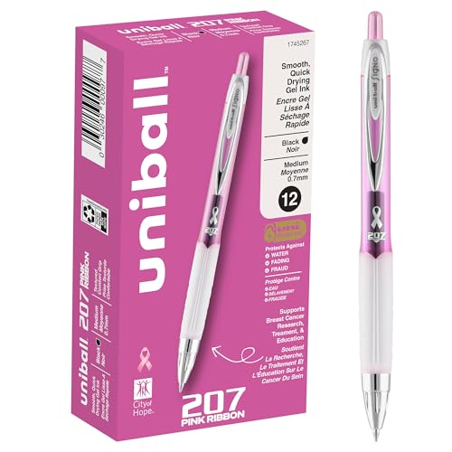 Image of uniball 207 Pink Ribbon Retractable Gel Pens, Medium Point (0.7mm), Black, 12 Pack