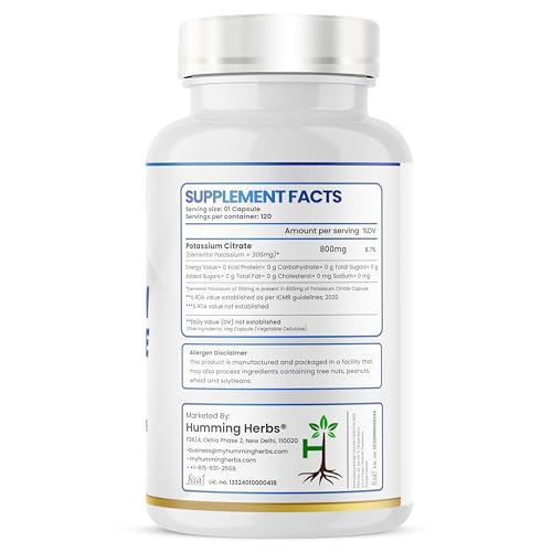 Image of Humming Herbs Potassium Citrate Electrolyte Balance, Muscle & Heart Support | Essential Mineral for Hydration, Nerve Function & General Well-Being (120)