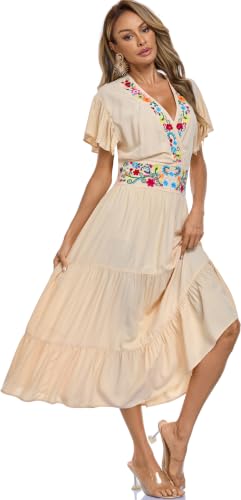 Image of Women's Summer Maxi Dress Casual Floral Embroidered Round Neck Short Sleeve Ruffle Tiered Dress Flowy Boho Beach Sundress